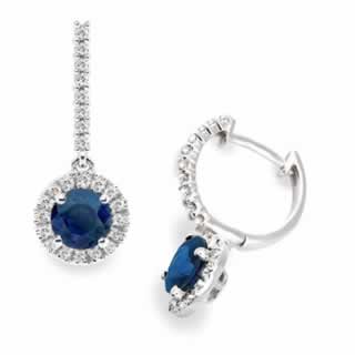 Blue Sapphire Halo Design Drop Earrings in 18K White Gold